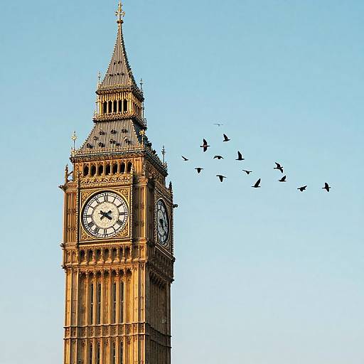 Photograph of Big Ben clock tower with golden-brown stone and white clock face, against a clear blue sky, with a flock of black birds flying