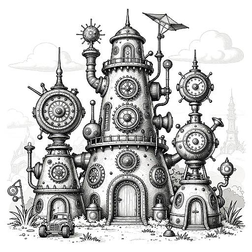 Black and white ink drawing of a whimsical, steampunk-style castle with multiple clock faces, gears, and whimsical details on a grassy