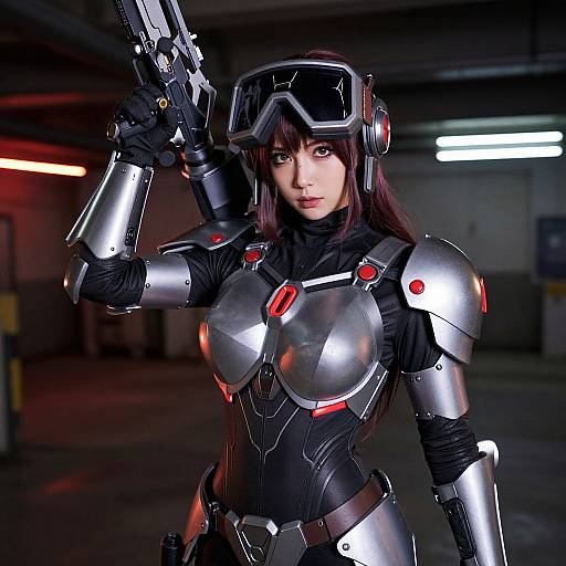 Photograph of a fierce, dark-haired woman in futuristic metallic armor, holding a gun, with intense eyes, in a dimly lit, industrial setting