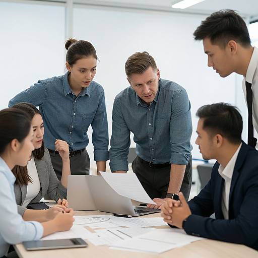 Photograph of five diverse, professionally-dressed colleagues around a table, intently reviewing papers and a laptop in a bright, modern office.