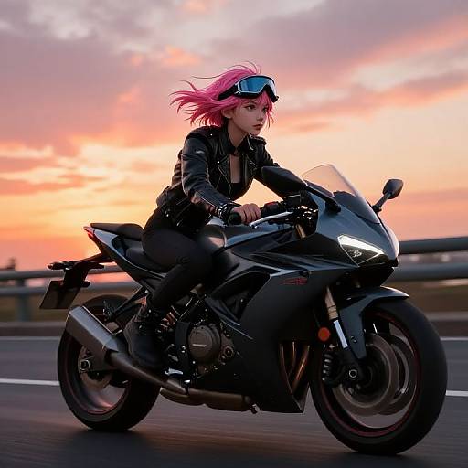 Digital anime-style artwork of a pink-haired woman in a black leather jacket riding a black sport motorcycle at sunset.