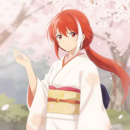 Anime-style digital drawing of a red-haired girl with red eyes, wearing a white kimono with a yellow and red obi, standing in a cherry