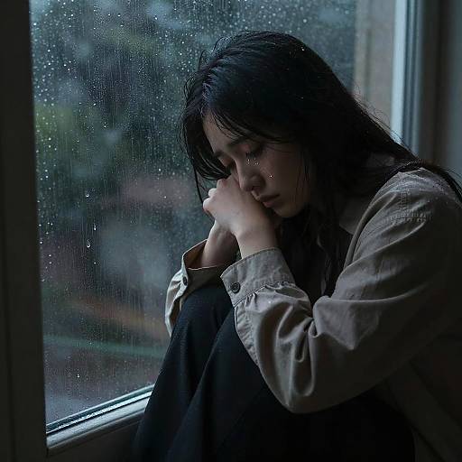 Melancholy Lone Figure by Rainy Window