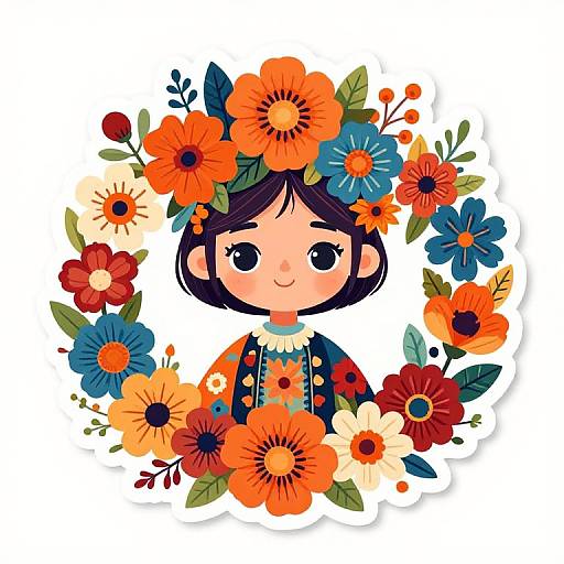 Cute digital illustration of a young girl with short black hair, wearing a colorful floral-patterned dress, surrounded by vibrant orange, blue, and red