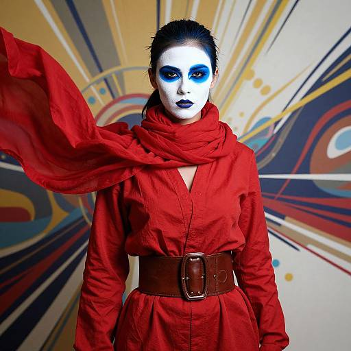 Photograph of a white-faced woman in red outfit, blue eye makeup, red scarf, brown belt, standing against abstract colorful background.
