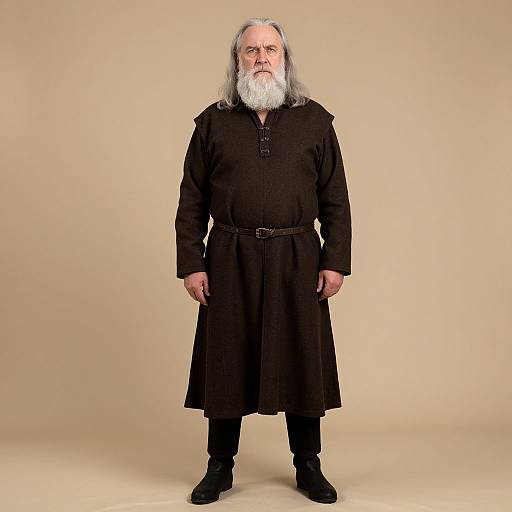 Photograph of an elderly man with a long white beard, wearing a black long-sleeved tunic, black belt, and black pants, standing