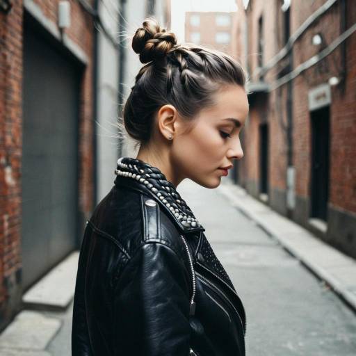 Young woman with braided bun in leather jacket Young woman with braided bun in leather jacket