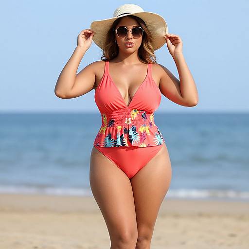 Photograph of a curvy woman with medium brown skin, wearing a red bikini, pineapple-patterned top, straw hat, and sunglasses, walking on