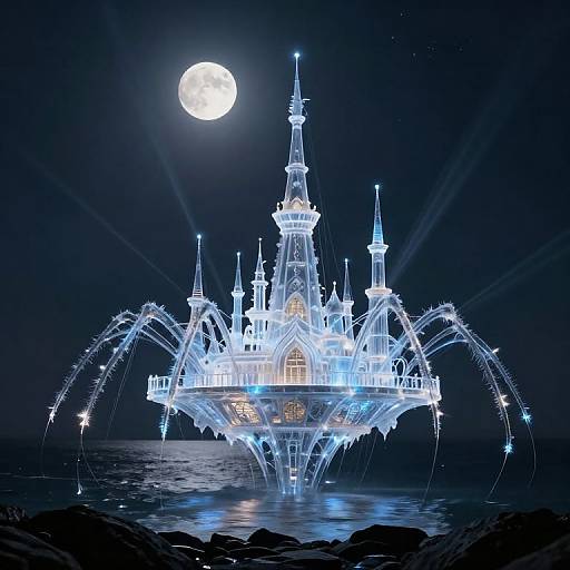 Ethereal Floating Palace with Light Beams
