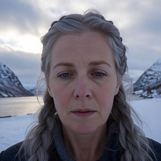 Photograph of a middle-aged woman with long, wavy gray hair, pale skin, and blue eyes, standing in a snowy, mountainous landscape