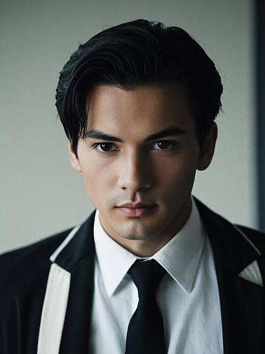 Photograph of a serious-looking young man with dark hair, wearing a black suit, white shirt, and black tie, against a blurred gray background.