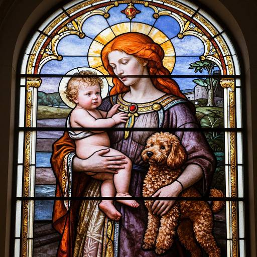 Stained glass window depicting a serene Madonna with red hair, holding a naked baby Jesus and a curly brown dog, set against a detailed landscape.