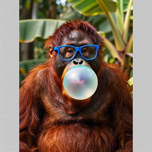 Orangutan Wearing Blue Glasses Blowing Bubblegum