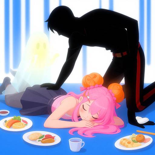 Vibrant Scene with Pink-Haired Girl and Mysterious Figures