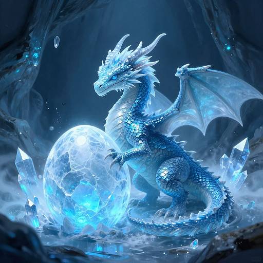 Digital artwork of a blue, glowing dragon with ice-like scales, wings, and horns, sitting beside a luminous, crystal orb in a cave surrounded