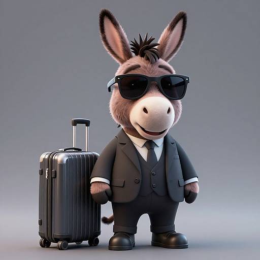 CGI cartoon donkey in a black suit, tie, and sunglasses, standing beside a black rolling suitcase, with a gray gradient background.
