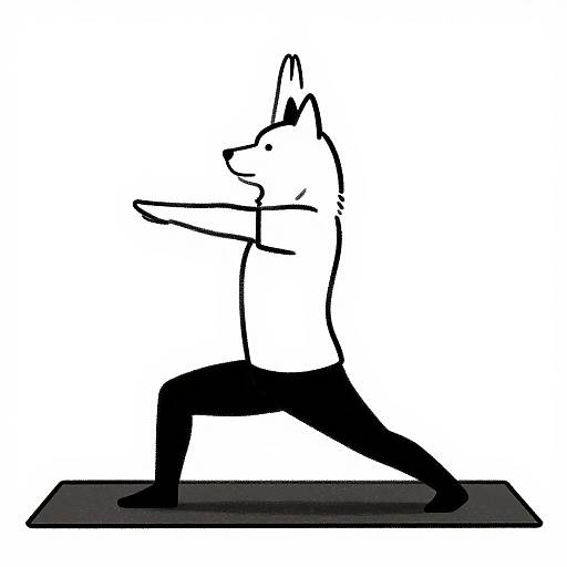 Black-and-white digital drawing of an anthropomorphic fox in a side lunge yoga pose, standing on a black mat.