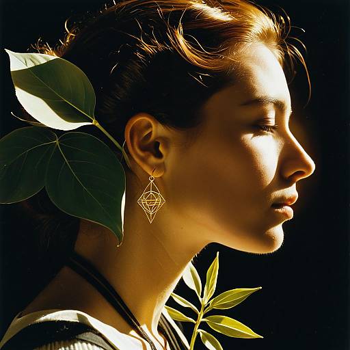 Profile of Woman with Geometric Earring and Green Leaves
