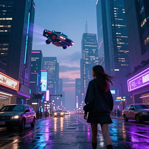 Digital illustration of a lone woman in a rain-soaked, neon-lit city street, watching a flying car hover above her.