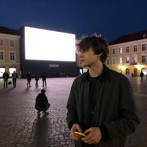 Nighttime Plaza with Young Man