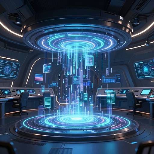 CGI sci-fi image: futuristic control room with glowing blue holographic data streams rising from a central circular console. Surrounding are multiple control panels with