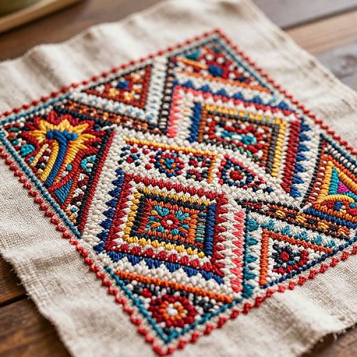 Photograph of vibrant, intricate cross-stitched geometric pattern in red, orange, blue, and white on beige fabric, resting on wooden table.
