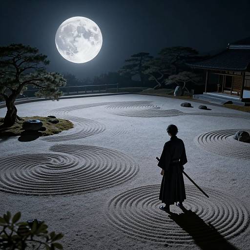 Silhouetted samurai with sword stands in moonlit, raked gravel garden, full moon overhead, traditional Japanese trees, serene night scene.
