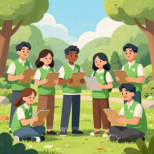 Illustration of diverse, smiling children in green vests and white shirts, holding clipboards, standing and sitting in a sunny, green park.
