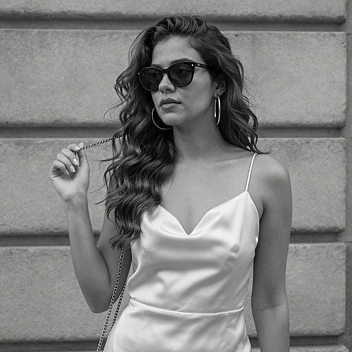 Woman in White Satin Dress with Sunglasses
