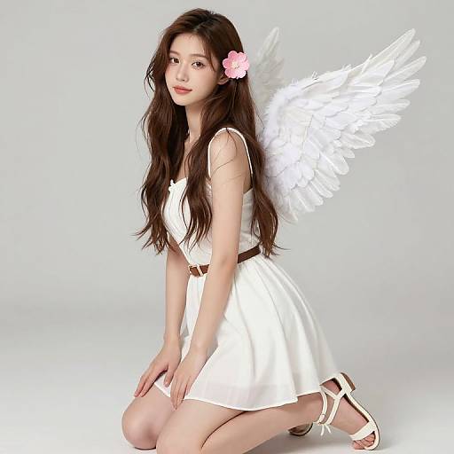 Photograph of a young woman with long brown hair, wearing a white dress, white wings, pink flower in hair, and white sandals, kneeling against