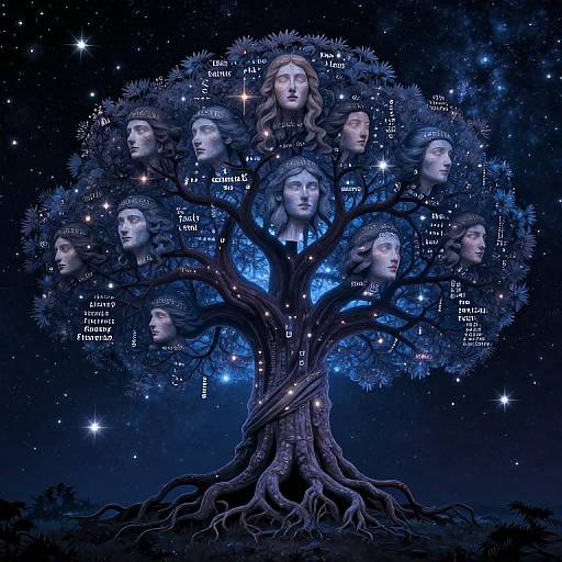 Digital artwork of a mystical tree with starry sky background, featuring 11 ethereal faces of women with names floating above. Tree trunk and roots are