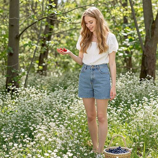 Photograph of a smiling young woman with long brown hair, wearing a white top and blue denim shorts, holding a red apple in a sunlit forest