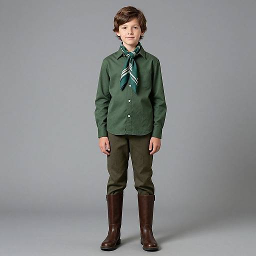 Photograph of a young boy with curly brown hair, wearing a green shirt, striped necktie, dark green pants, and brown boots, standing against