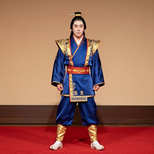 Photograph of an Asian man in traditional blue and gold samurai-style attire, with red sash, white tabi socks, and black hair in a