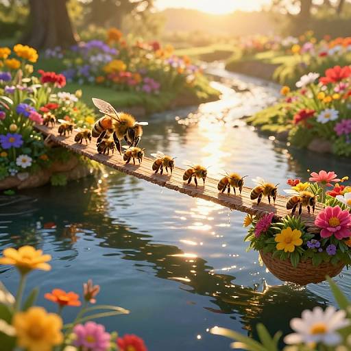 Giant Honeybees on Sunlit Floral Bridge