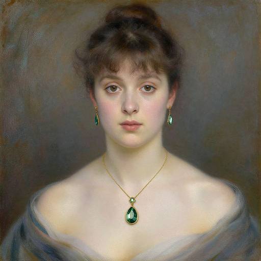 Photorealistic painting of a young woman with fair skin, brown hair, green earrings, and necklace, wearing an off-shoulder gray dress.