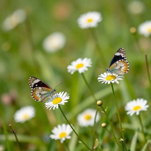 Photograph of two vibrant orange and black butterflies perched on white daisies with yellow centers, set against a blurred green meadow background.