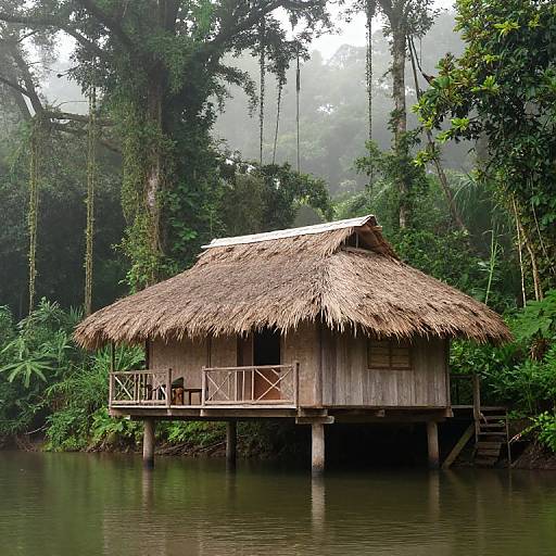 Photograph of a rustic, wooden, thatched-roof hut on stilts over a calm river, surrounded by dense, misty jungle foliage.