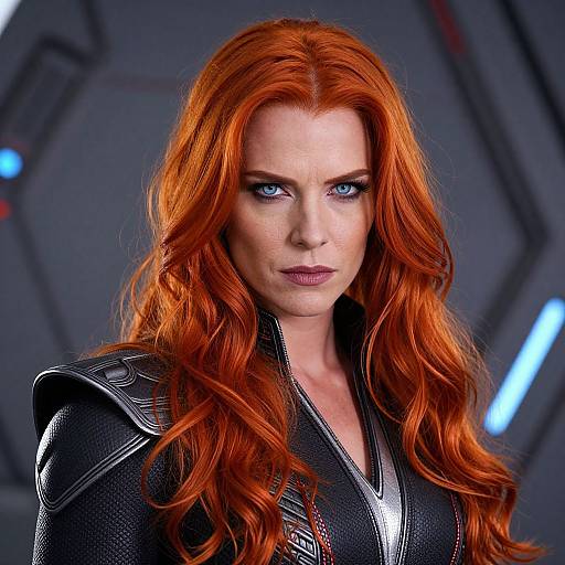 Photograph of a fierce, red-haired woman with long, wavy hair, intense blue eyes, and a black, textured, futuristic suit, set