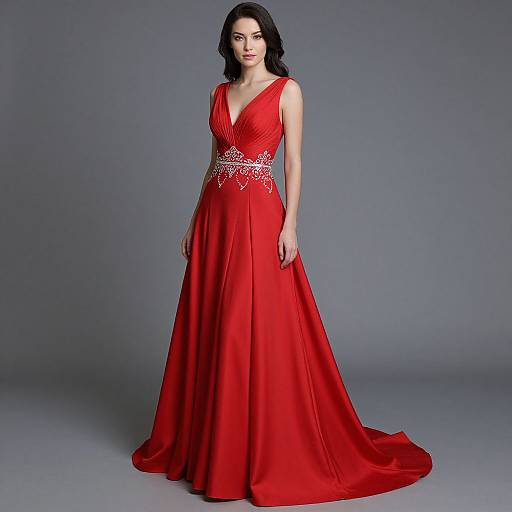 Photograph of a fair-skinned woman with dark hair wearing a sleeveless, deep-red, floor-length gown with a sparkling silver waistband, standing