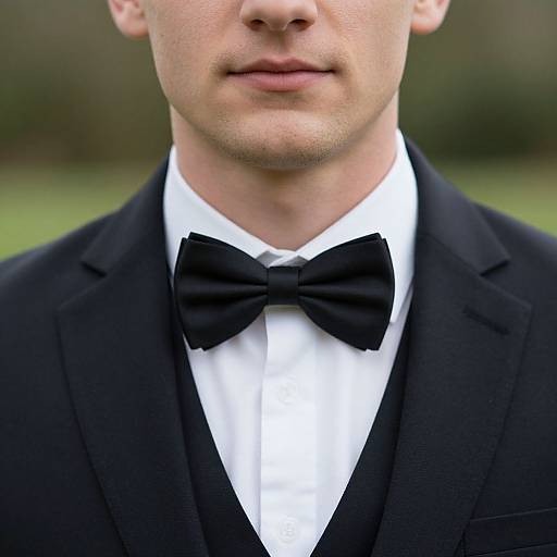 Close-up photograph of a young man's face and upper body, wearing a black tuxedo, white dress shirt, and black bow tie, outdoors