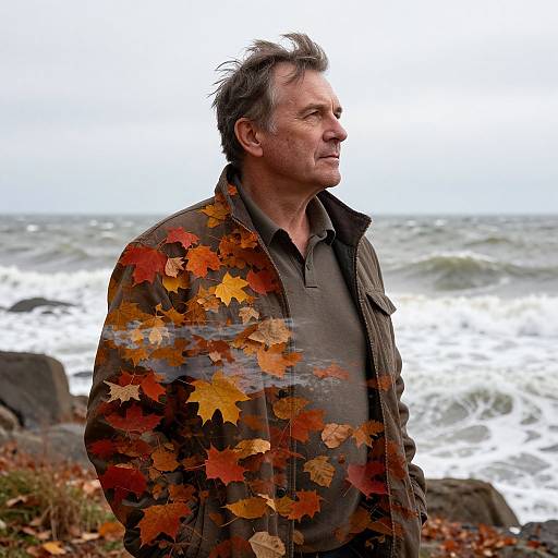 Photograph of middle-aged man with gray hair, wearing brown jacket adorned with autumn leaves, standing by a rocky, windy seaside.