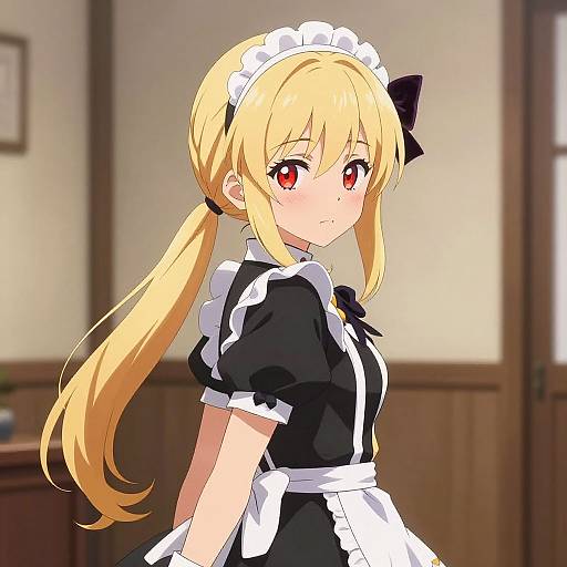 Anime-style digital drawing of a blonde girl with red eyes, wearing a black and white maid outfit, white frilled headband, black ribbon, and