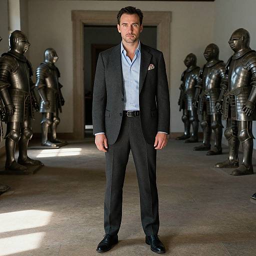 Photograph of a handsome man in a black suit, light blue shirt, standing confidently in a room with eight metallic knights.