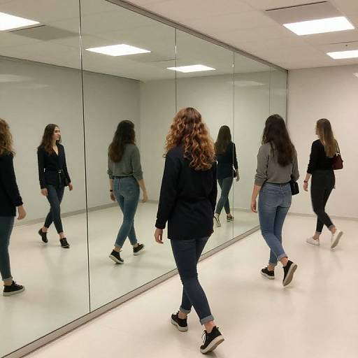 Photograph of three women with curly hair, wearing black jackets and blue jeans, walking in a modern, white-walled room with large mirrored walls reflecting
