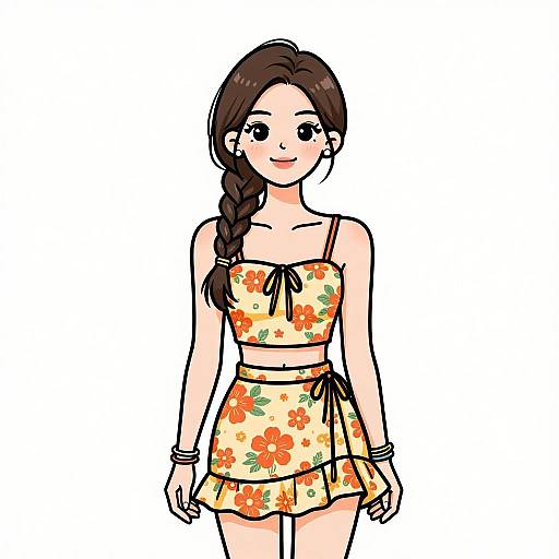 Digital drawing of a smiling young woman with long brown hair in a braid, wearing a floral yellow crop top and skirt, black bow, and bracelets