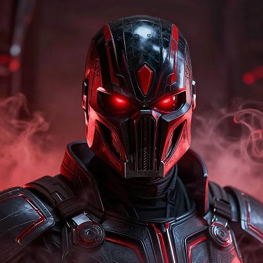 Photorealistic CGI of a black armored figure with glowing red eyes and red accents, surrounded by red smoke. Dark, ominous background.