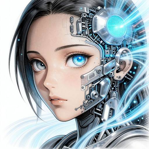 Digital artwork of a pale-skinned woman with blue eyes, black hair, and cybernetic enhancements, featuring glowing blue circuits and light.
