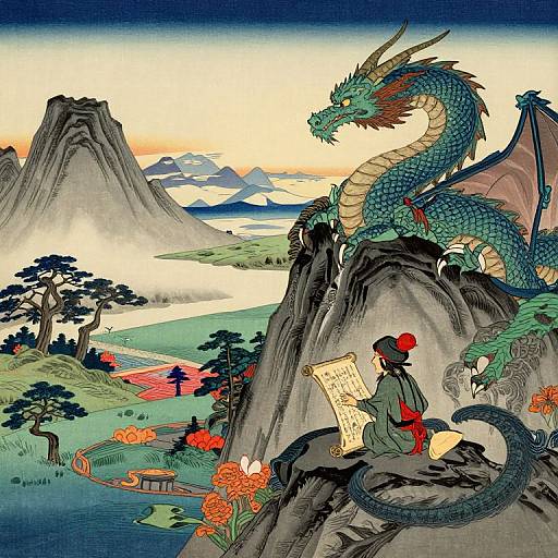 Colorful digital illustration of a dragon on a cliff, observing a monk reading a scroll in a lush, mountainous landscape.