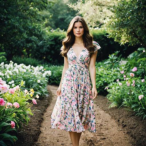 Young Woman in Floral Aidan Mattox Dress in Garden